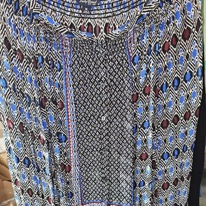 Geometric Patterned Top with Blue and Black Accents